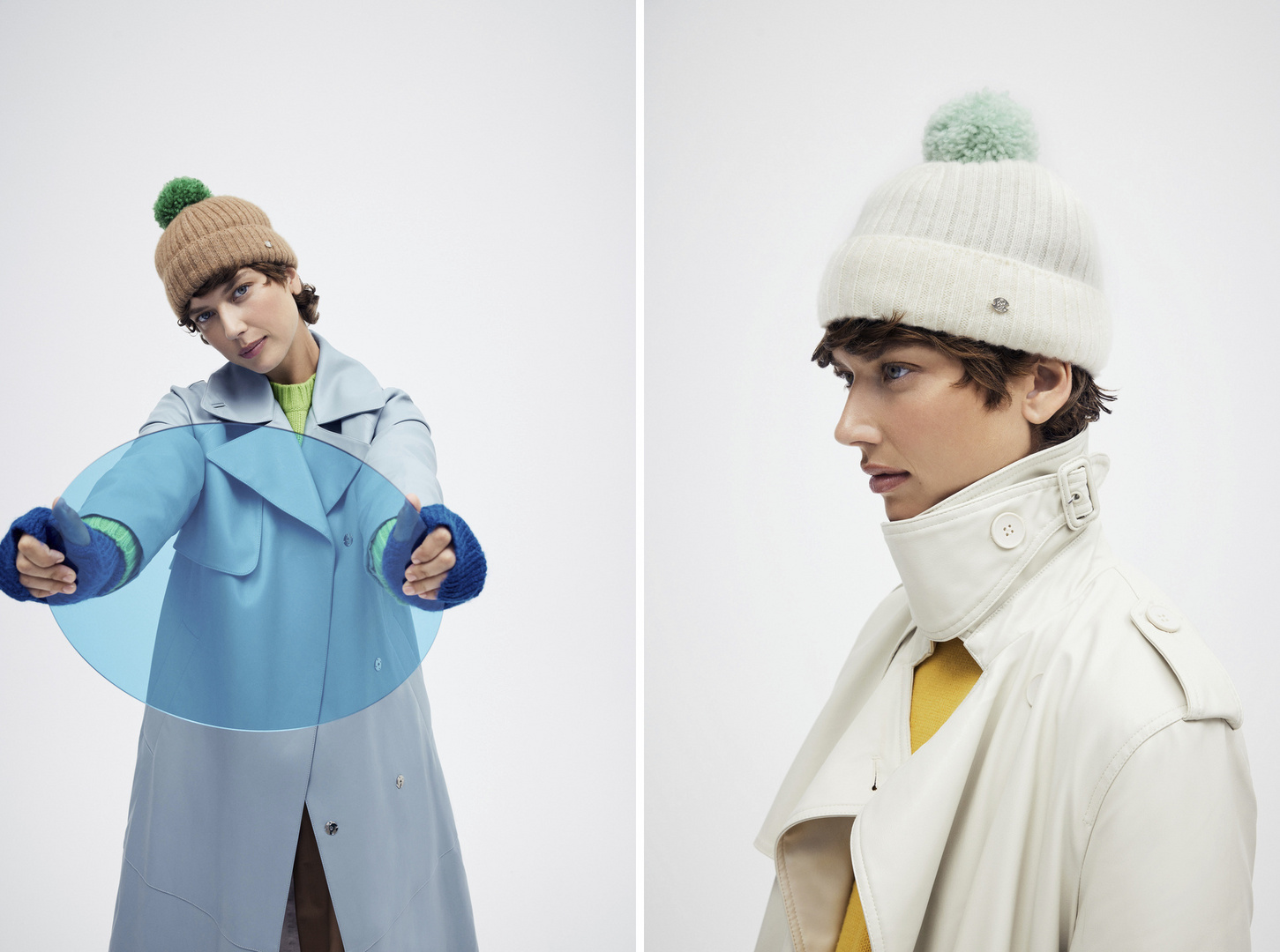 Two-panel fashion shot of a young adult woman modeling winter hats and trench coats in a photo studio with a bright, even lighting.