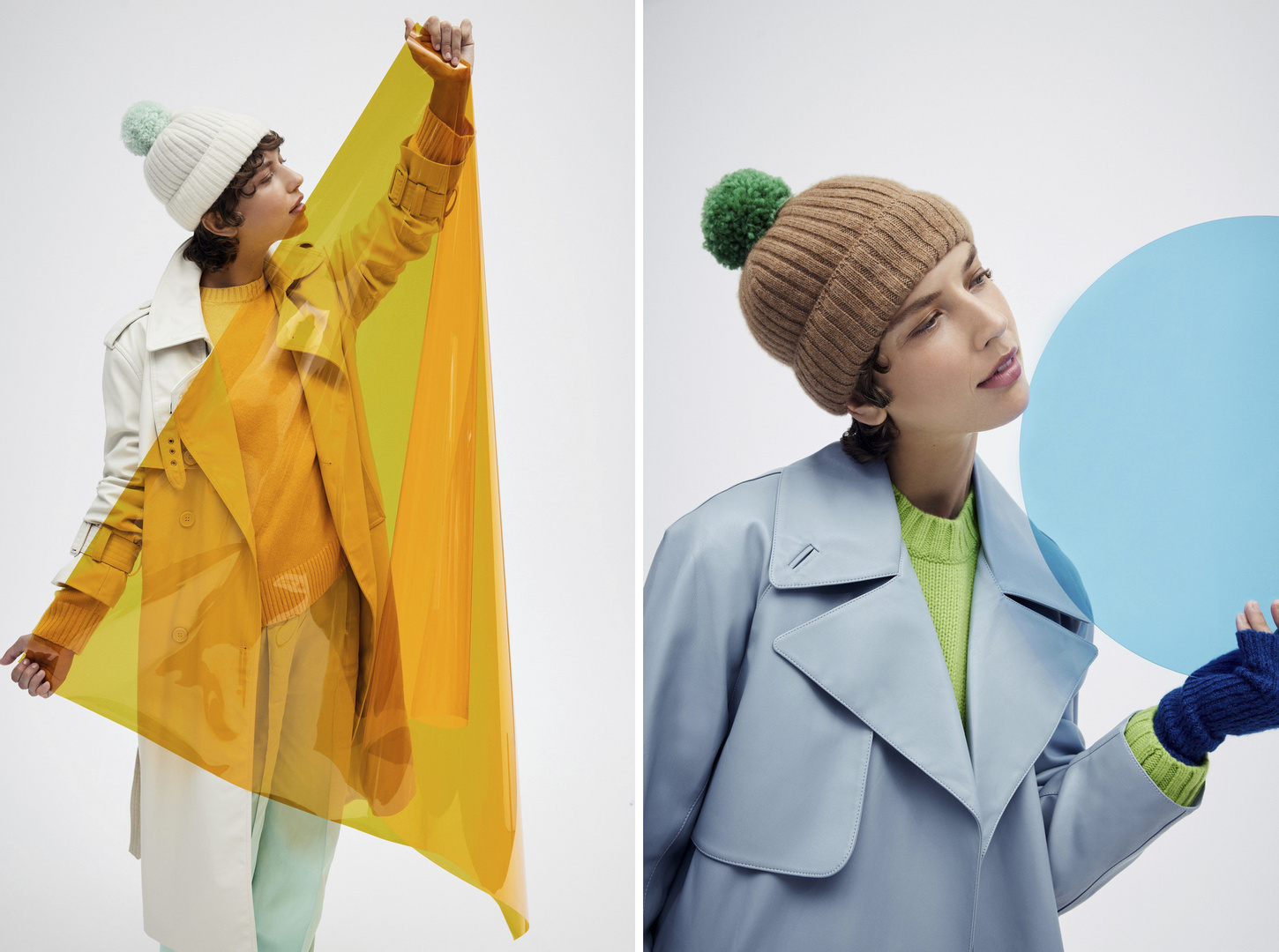 Two fashion shots of a woman wearing a beanie, coat, and knit sweater, holding colored translucent film. The backdrop is bright white.