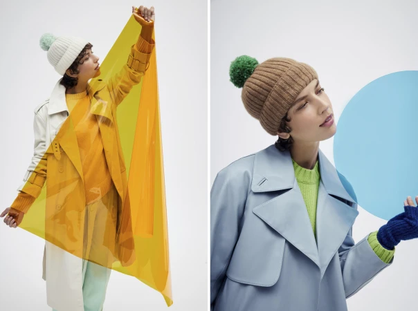 Diptyque fashion campaign split image showing models wearing colourful knit beanies and coats holding translucent acrylic sheets.