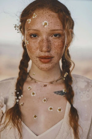 Close-up of a woman with freckles and braided red hair decorated with daisies, wearing a white top, set against a soft, blurred background.