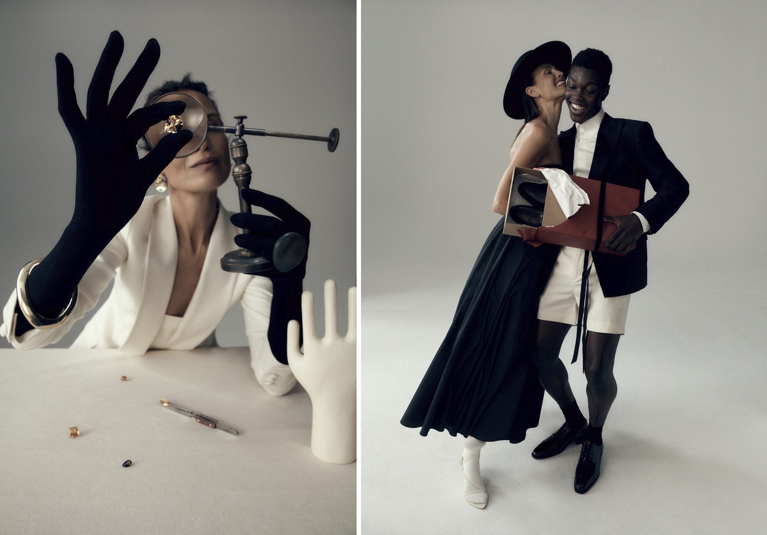 An asian woman in white jacket and gloves examines jewelry with a vintage loupe, and an interacial couple pose with a shoebox.