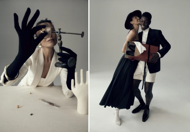 An asian woman in white jacket and gloves examines jewelry with a vintage loupe, and an interacial couple pose with a shoebox.