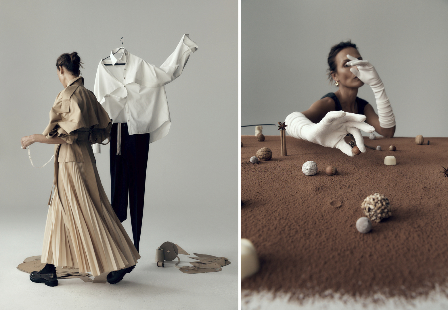 Fashion editorial shot with a woman in a flowing beige skirt, next to a hanging white shirt and black pants, and a tabletop dessert scene.