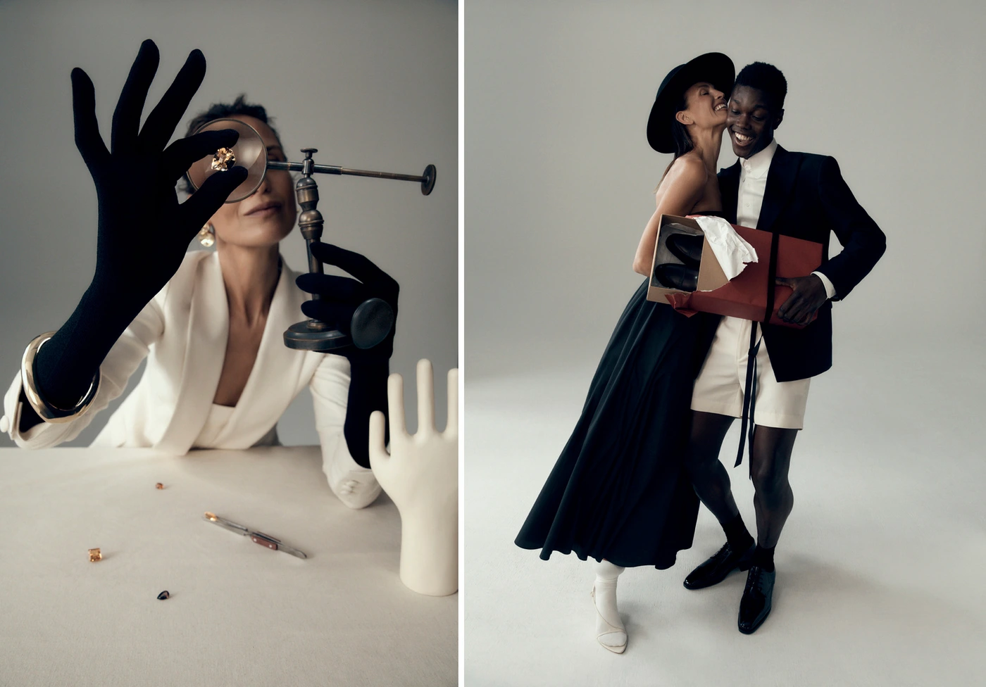 Two-panel fashion image featuring a woman examining jewellery with a loupe on the left and a smiling couple holding a gift box on the right.