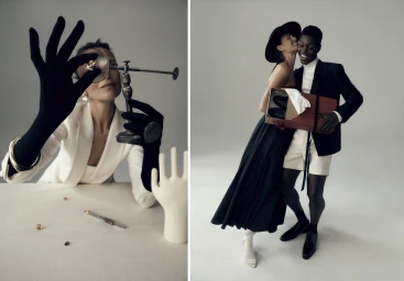 Two-panel fashion image featuring a woman examining jewellery with a loupe on the left and a smiling couple holding a gift box on the right.