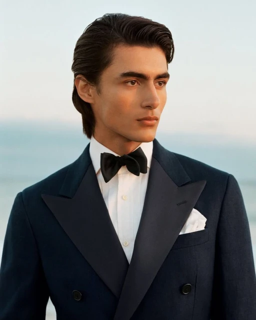 Portrait of a man in a suit and bow tie, gazing into the distance against a muted seascape backdrop with soft, diffused lighting.