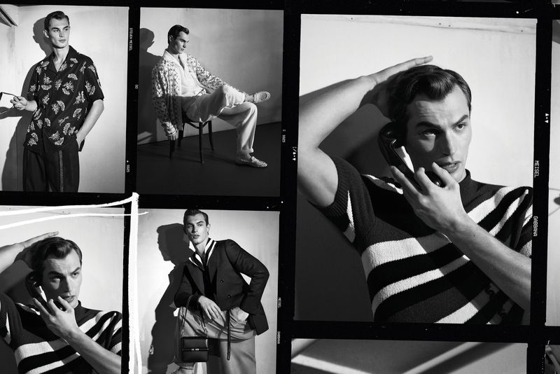 Black and white fashion frames showcase an adult male in patterned shirts, blazers, and casual wear, in a photo studio setting.
