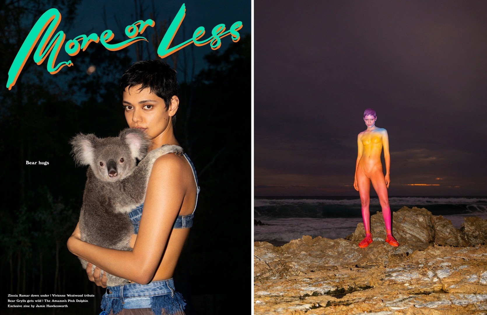 Magazine cover featuring a woman hugging a koala, contrasted with a woman in body paint standing on rocks by the ocean at night.
