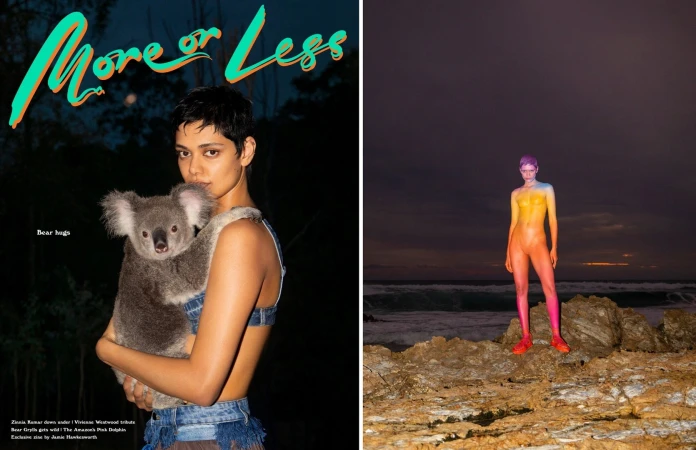 Magazine cover featuring a woman hugging a koala, contrasted with a woman in body paint standing on rocks by the ocean at night.