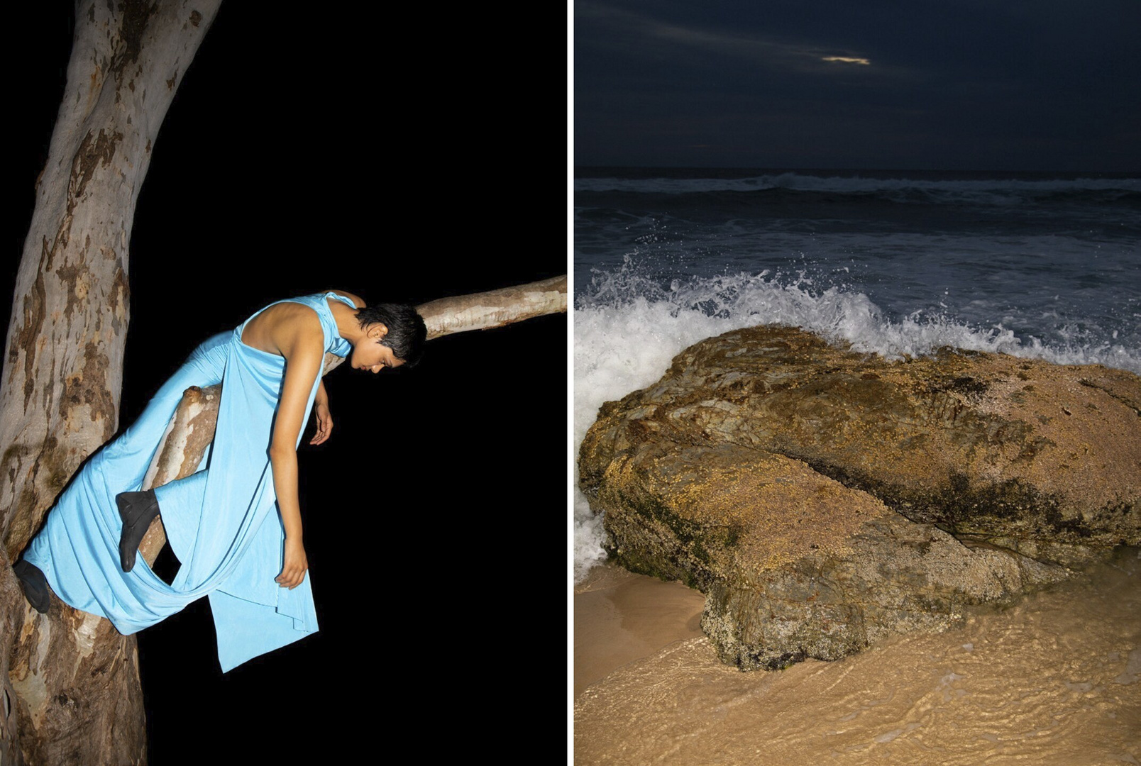 Nighttime scene with a woman in a blue dress posed on a tree branch against a black background; seascape with waves crashing on a rock.