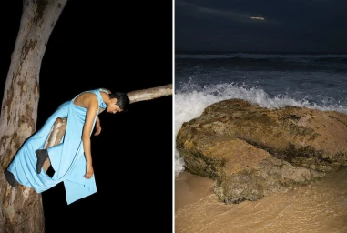 Diptych image featuring a person in a bright blue dress draped across a tree branch on the left and a rocky beach at night on the right.