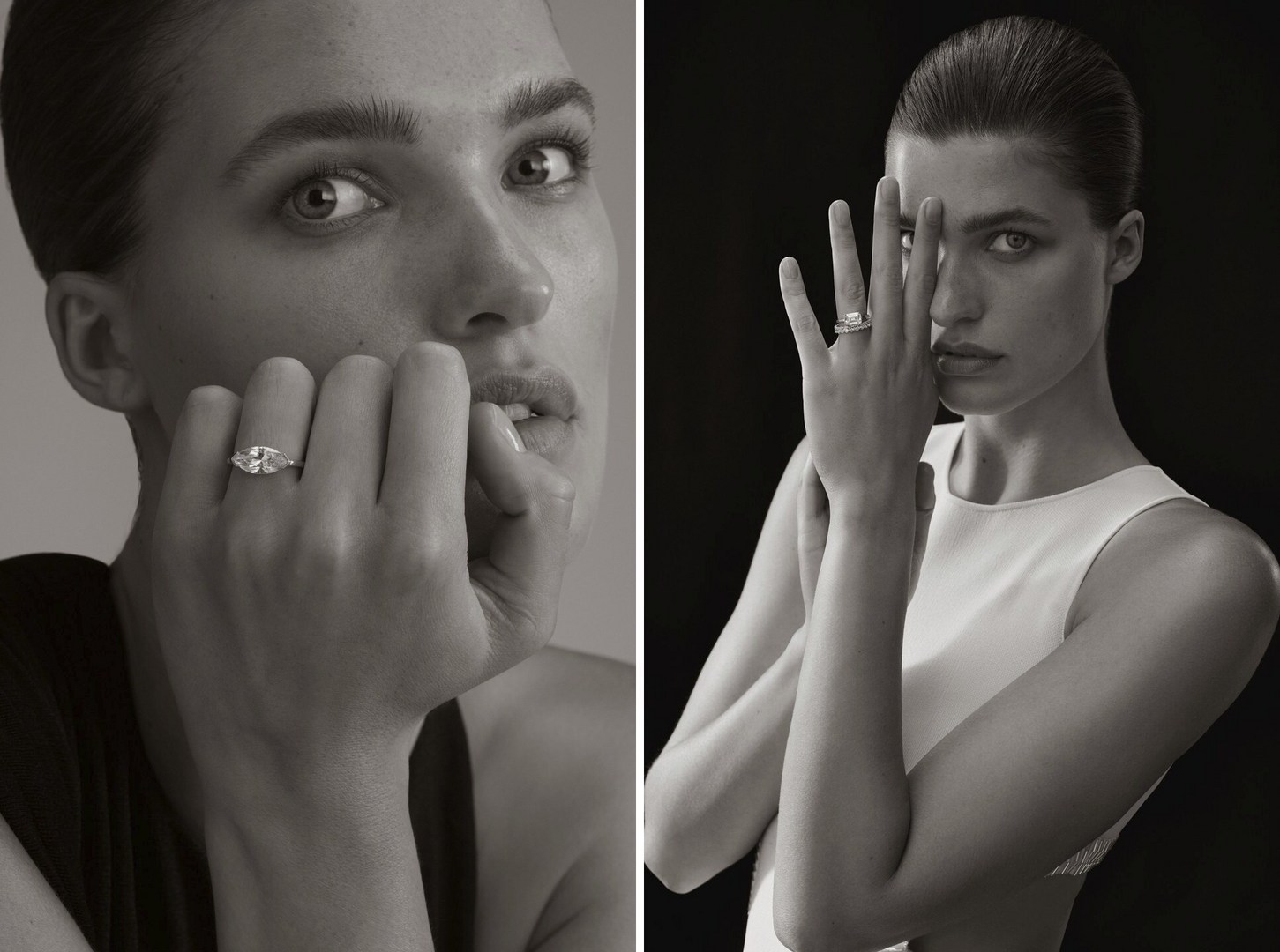 Monochrome portrait of a woman showcasing an engagement ring, set against neutral and black backgrounds, emphasizing beauty and elegance.