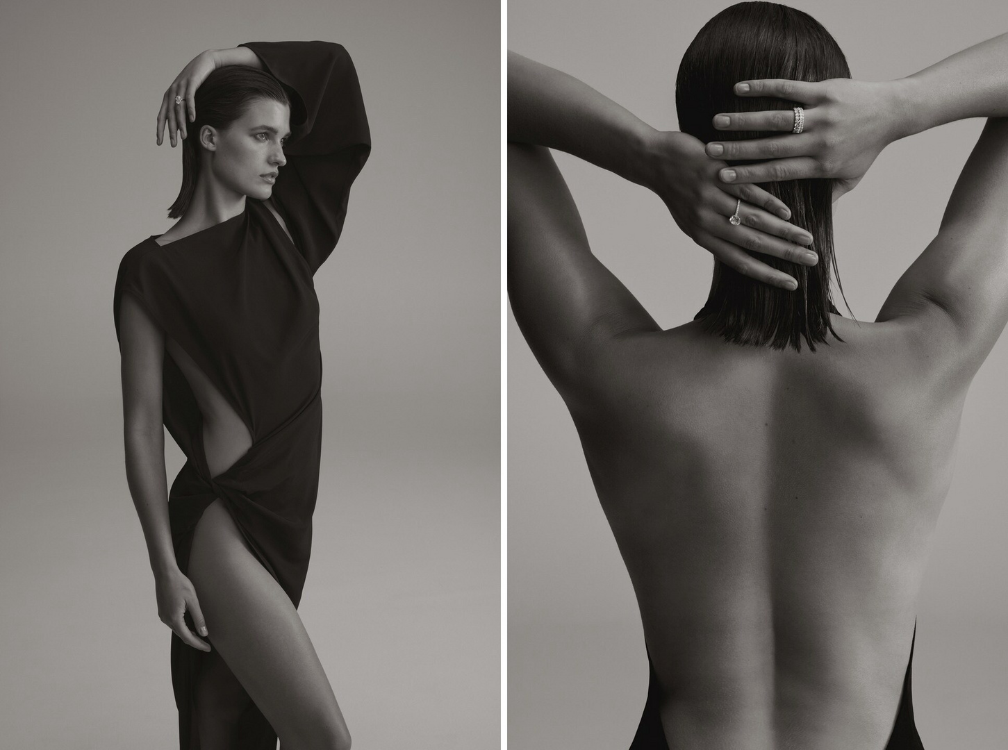 Monochrome fashion shot featuring a woman in an asymmetrical black dress, showcasing both front and back poses in a split composition.
