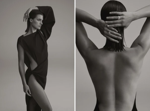 Monochrome fashion shot featuring a woman in an asymmetrical black dress, showcasing both front and back poses in a split composition.