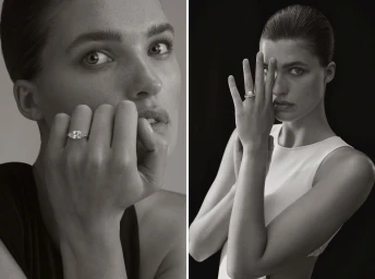 Two black and white portrait panels featuring a woman showcasing diamond rings on her fingers close to her face.