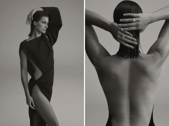 Diptych of a model wearing a black dress and diamond rings, shot against a neutral studio backdrop for Tensevenseven launch campaign