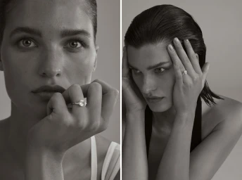 Two black and white portrait panels featuring a woman wearing a diamond ring on her hand against a neutral background.