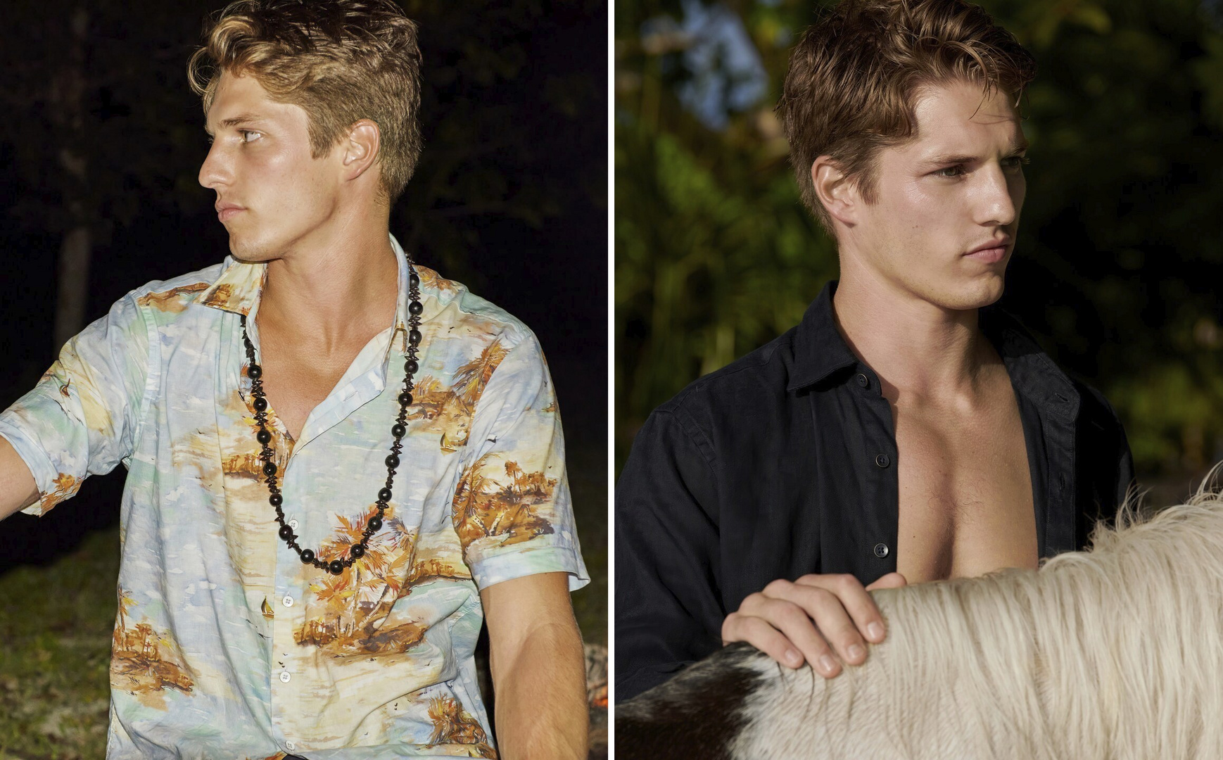 Split shot of a young adult man with light brown hair posing in different shirts against a blurred background of nature.