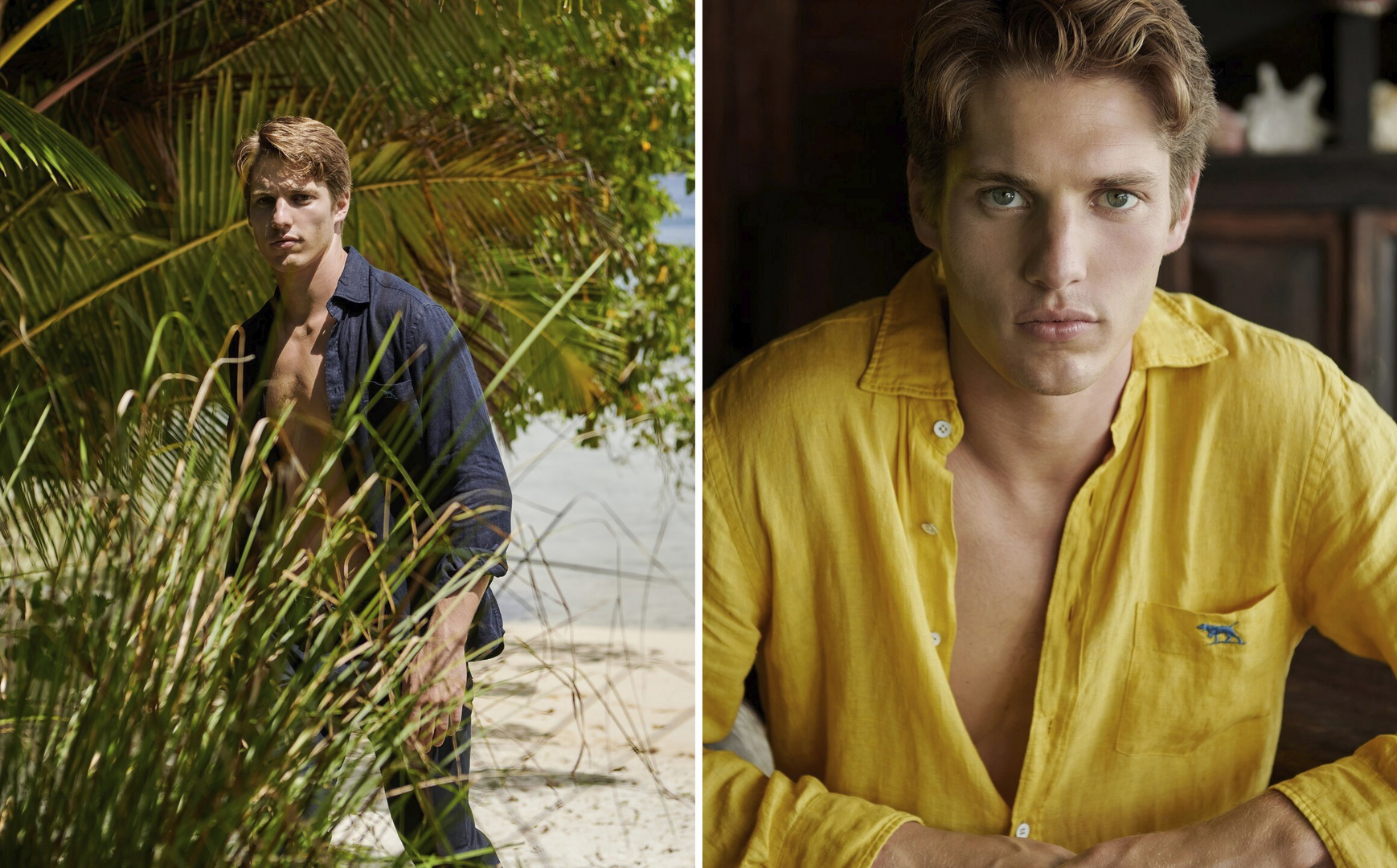 Portrait of a blond male model wearing unbuttoned shirts, posing in tropical scenery and indoors, showcasing fashion and lifestyle.