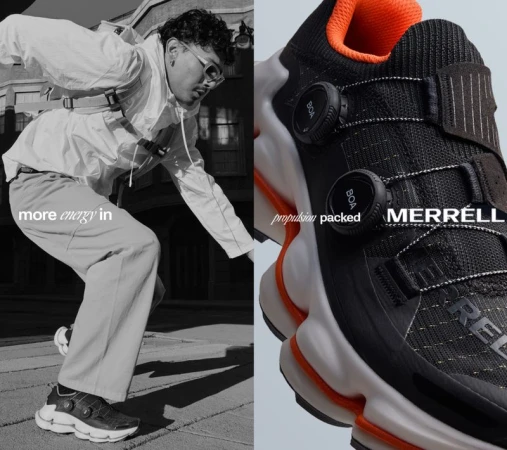Monochromatic image showcasing a man striking a pose alongside a close-up of a black, orange, and white Merrell trail running shoe.