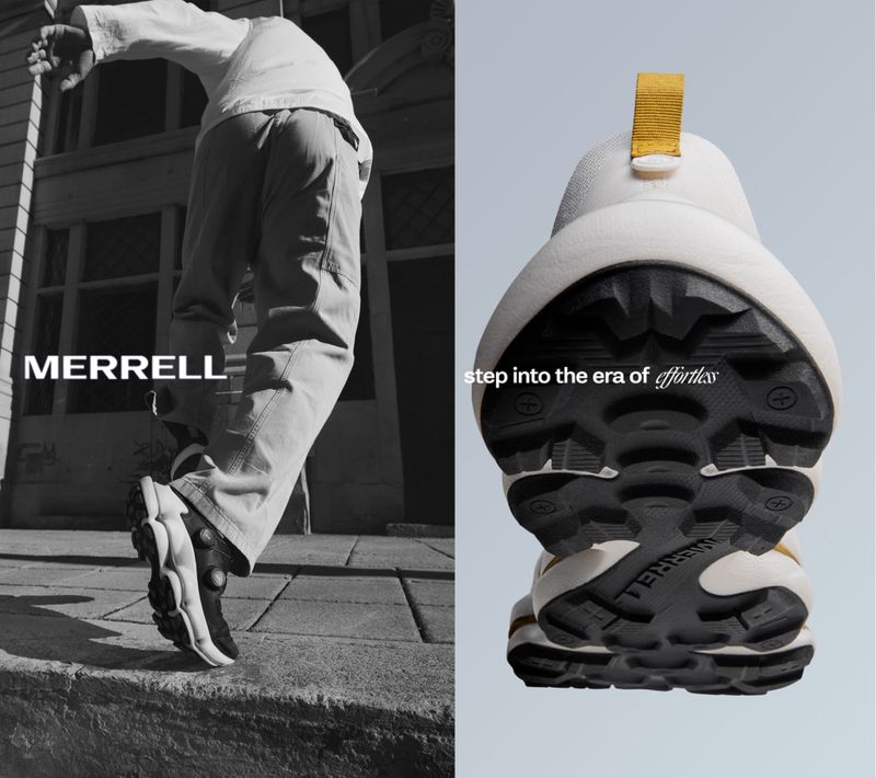Merrell shoe advertisement featuring a person wearing the shoes stepping down stairs and close up of the shoe treads.