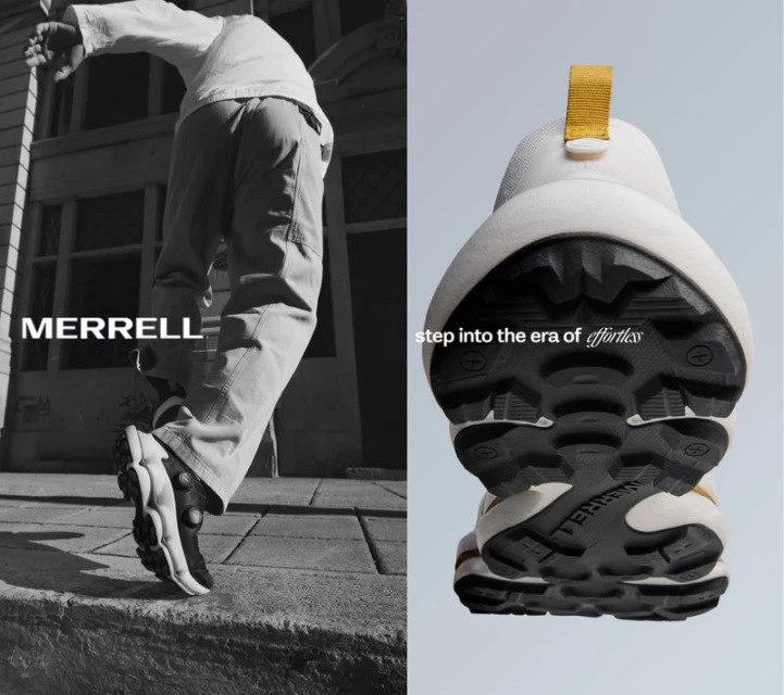 Merrell shoe advertisement featuring a person wearing the shoes stepping down stairs and close up of the shoe treads.