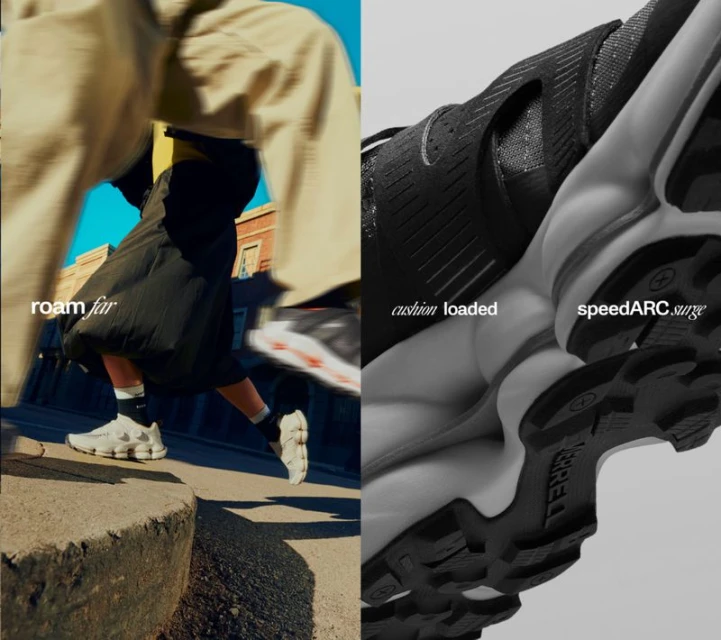 Split-screen showcasing a person running in white sneakers in an urban setting and a close-up view of the sole of a running shoe.