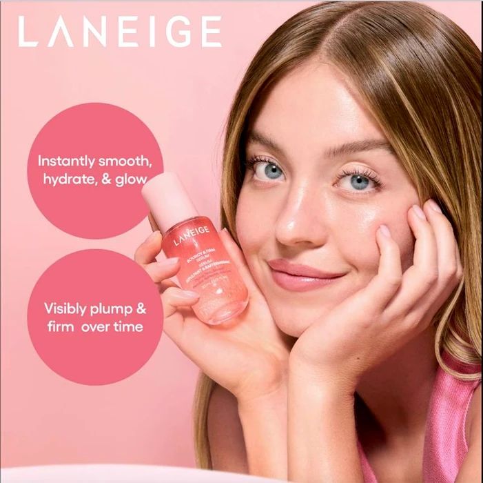 Sydney Sweeney holding a LANEIGE skincare serum bottle against a pink background with promotional text bubbles