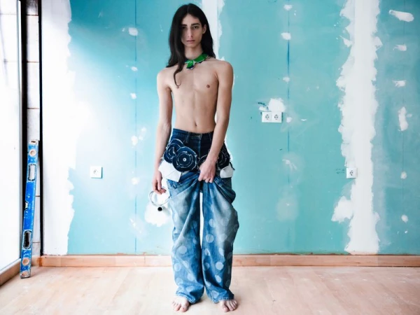 Full shot of a slender, topless adult male in baggy jeans with floral embellishments, accessorized with a green necklace in an unfinished room.