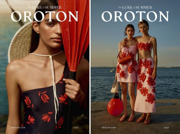 Fashion editorial split image: solo model with red parasol and straw hat versus two models in floral dresses by the sea.