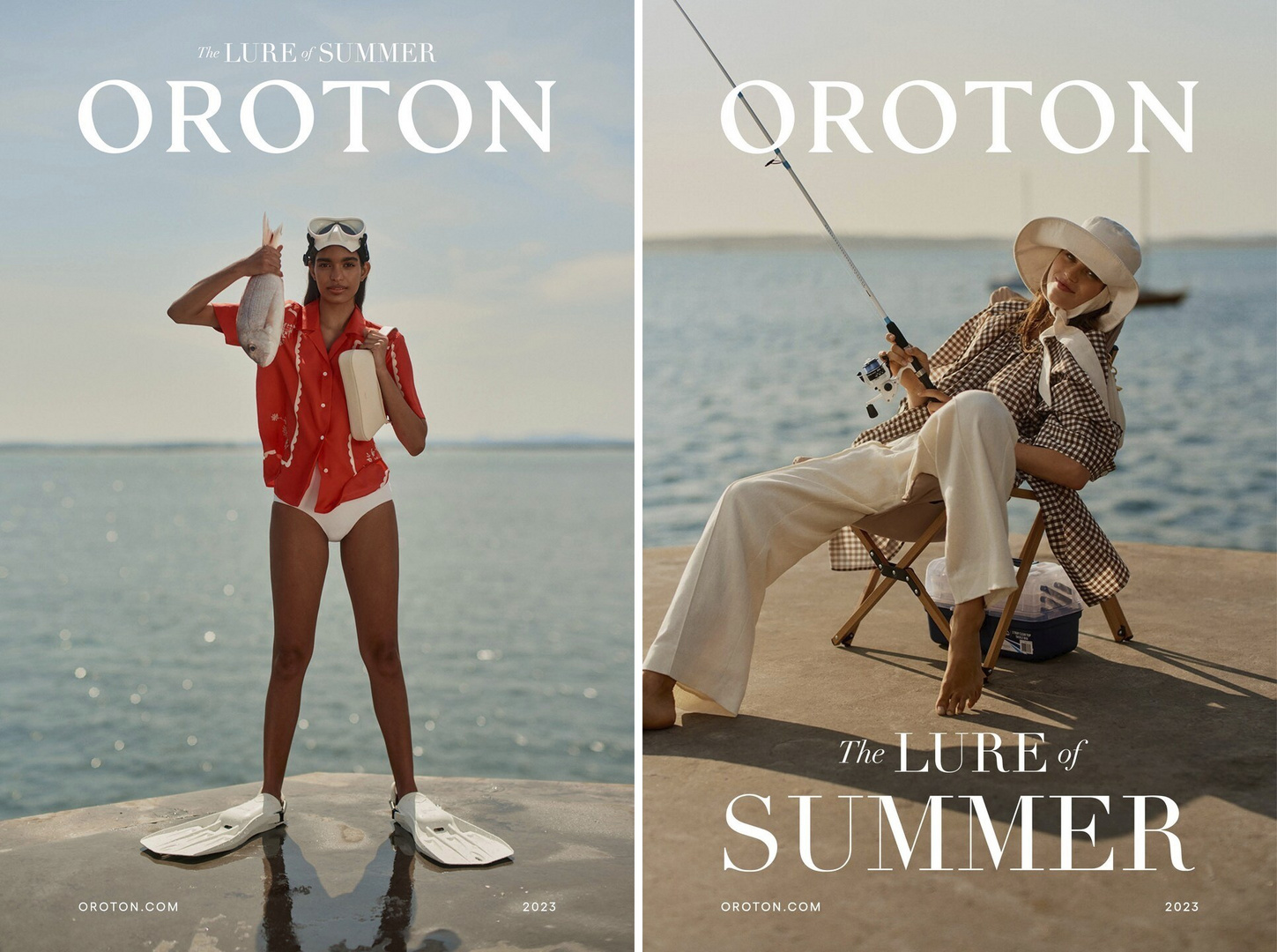 Two women are featured in a summer fashion editorial, one holding a fish in a red outfit and the other relaxing with a fishing rod.