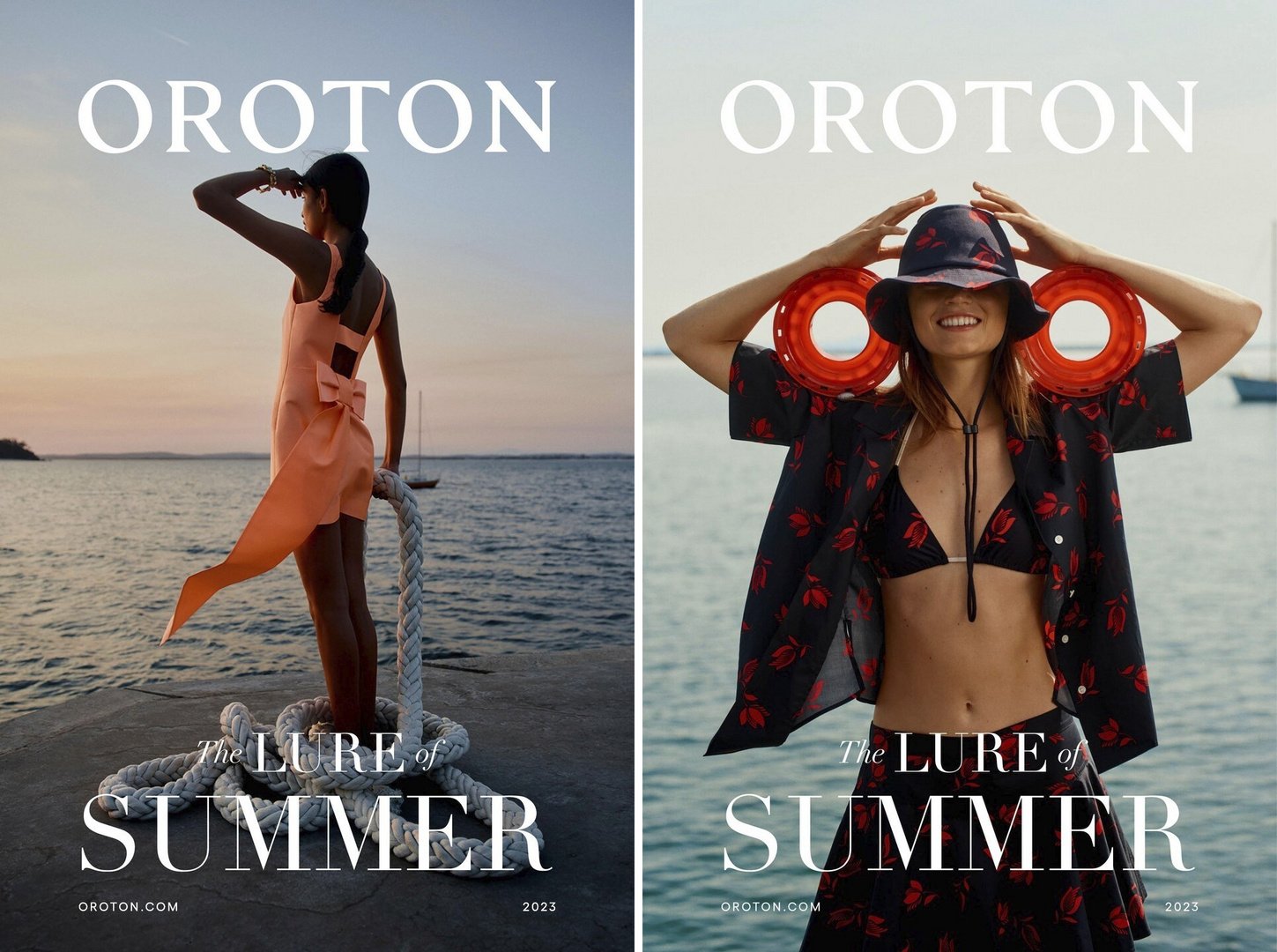 Two Oroton summer magazine covers showcase models by the ocean: one in peach romper, and another in a floral bikini and hat.
