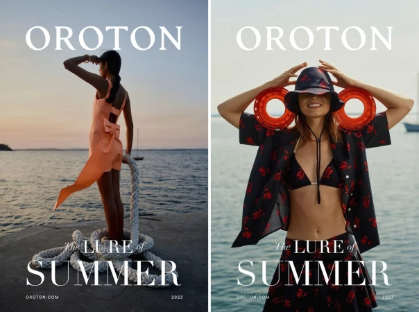 Two Oroton summer magazine covers showcase models by the ocean: one in peach romper, and another in a floral bikini and hat.