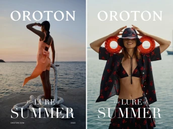 Two fashion campaign images for Oroton showing models by the ocean with white rope and floating rings against a sunset sky.