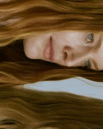 Close-up portrait of a woman with long red hair framed against a neutral background.