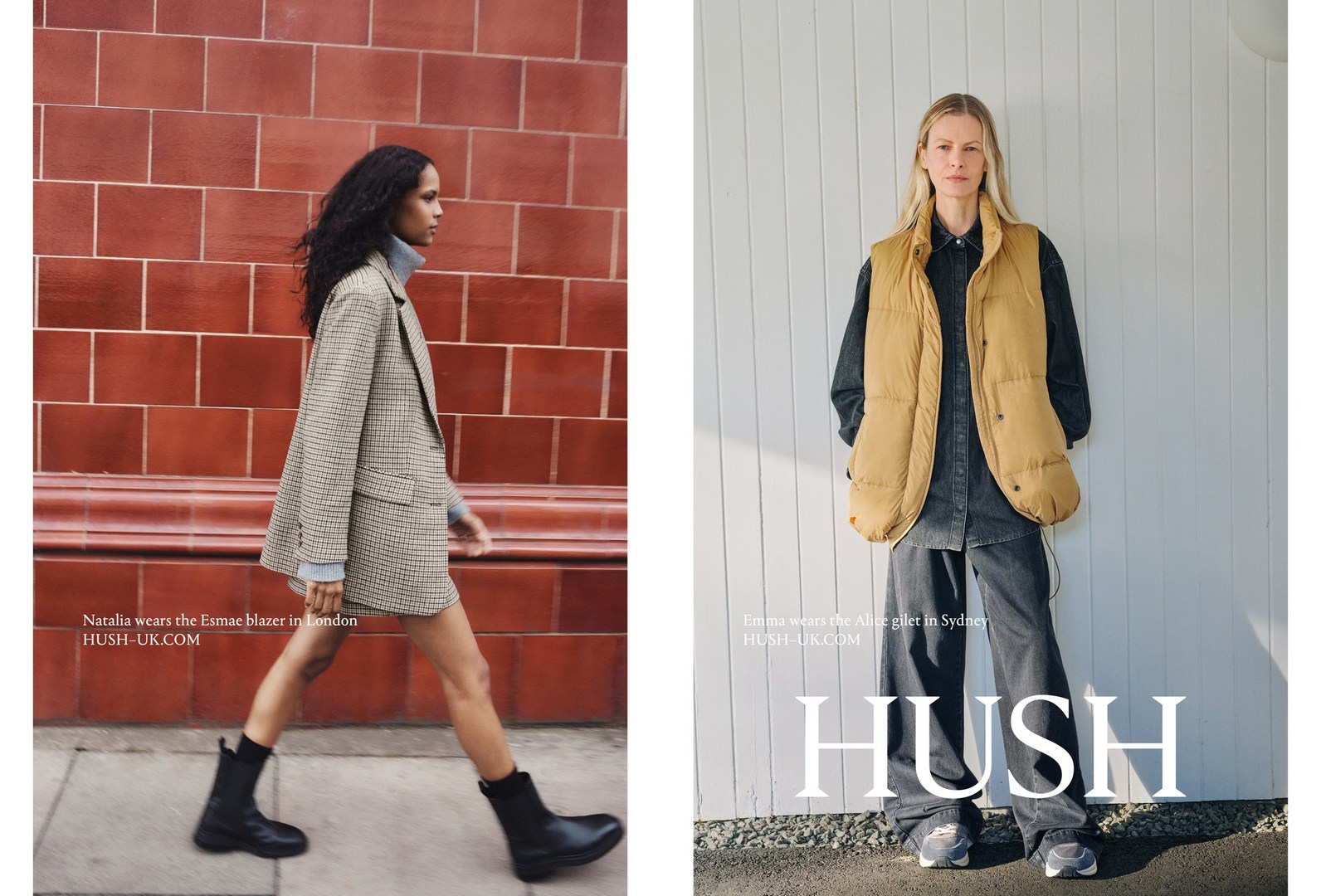 Two women model outerwear from Hush clothing line. One in London wearing a blazer and boots. The other in Sydney wearing a vest.