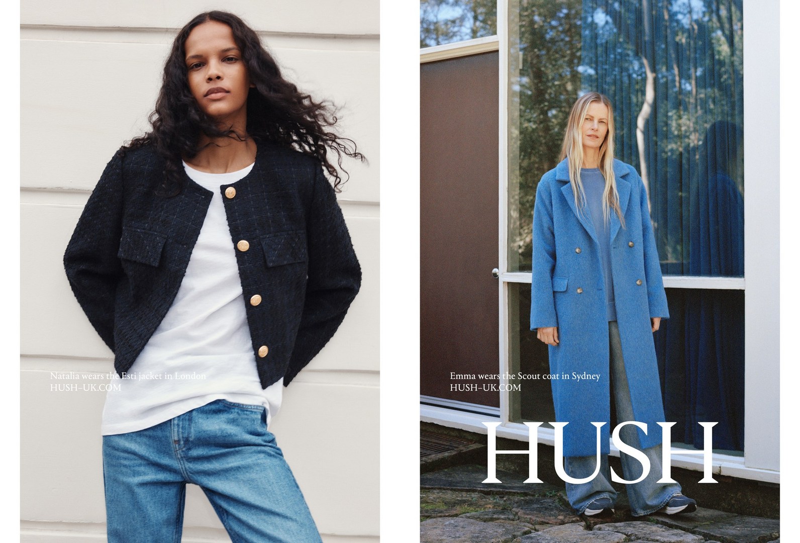 Fashion ad featuring two adult women in stylish outerwear against neutral backdrops, promoting the HUSH brand and its clothing line.