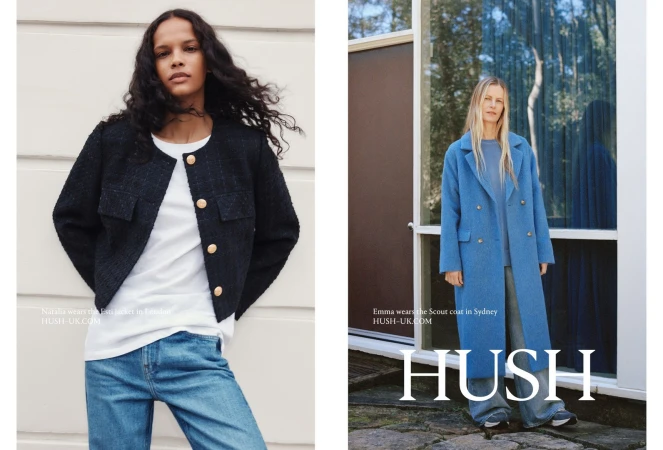 Fashion ad featuring two adult women in stylish outerwear against neutral backdrops, promoting the HUSH brand and its clothing line.