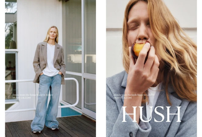 Two fashion models are featured: one stands near a white wall in jeans and blazer, while the other enjoys a fruit bite in a blazer.