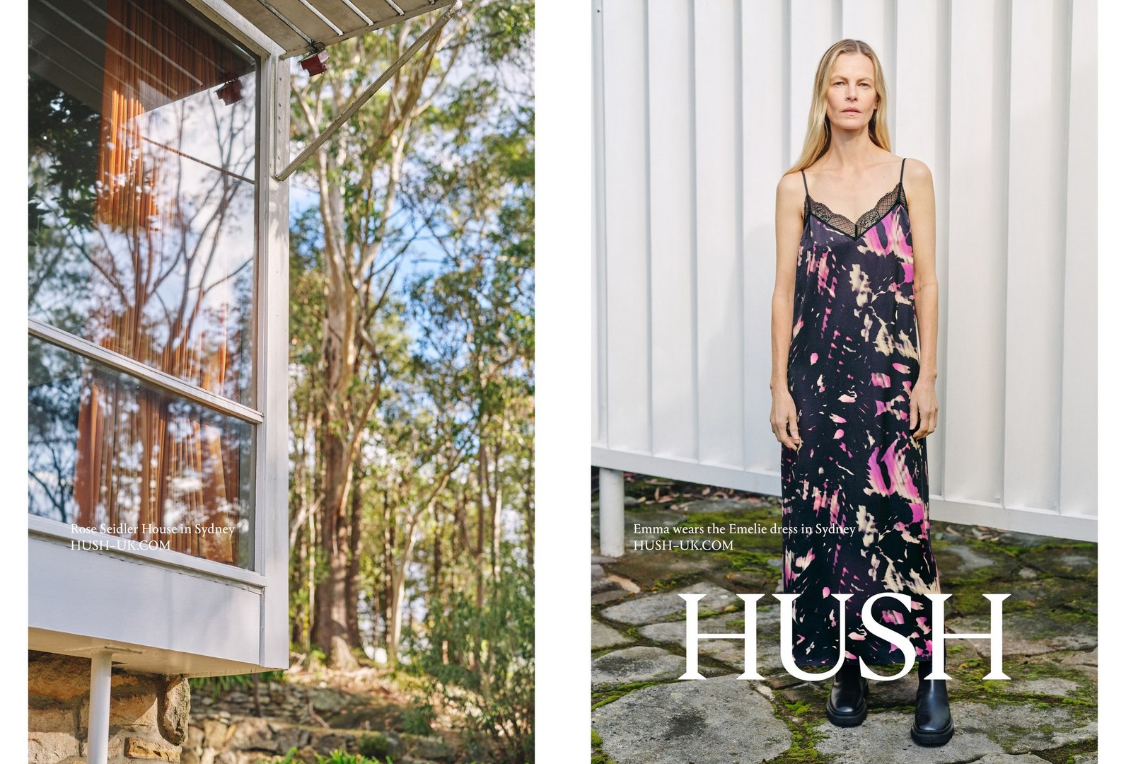 Fashion shot of a blond woman in a print dress, standing in front of a white wall with a tree-filled landscape to the left.