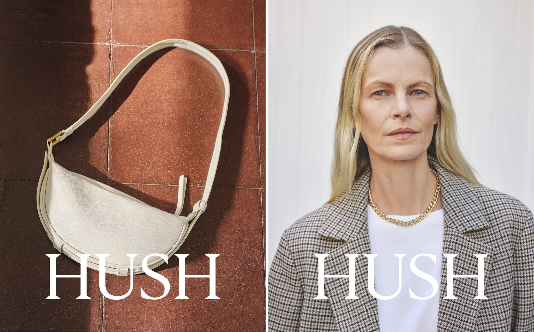 Studio shot of a cream-colored handbag on a tile background and a woman wearing a blazer and gold necklace against a white background.