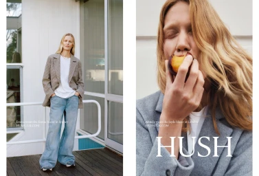 Diptyque fashion image featuring two models wearing blazers and denim for Hush Fall 2023.
