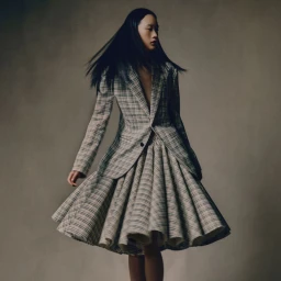 Model in a plaid blazer and matching flared skirt with long dark hair blowing in motion against a neutral studio backdrop.