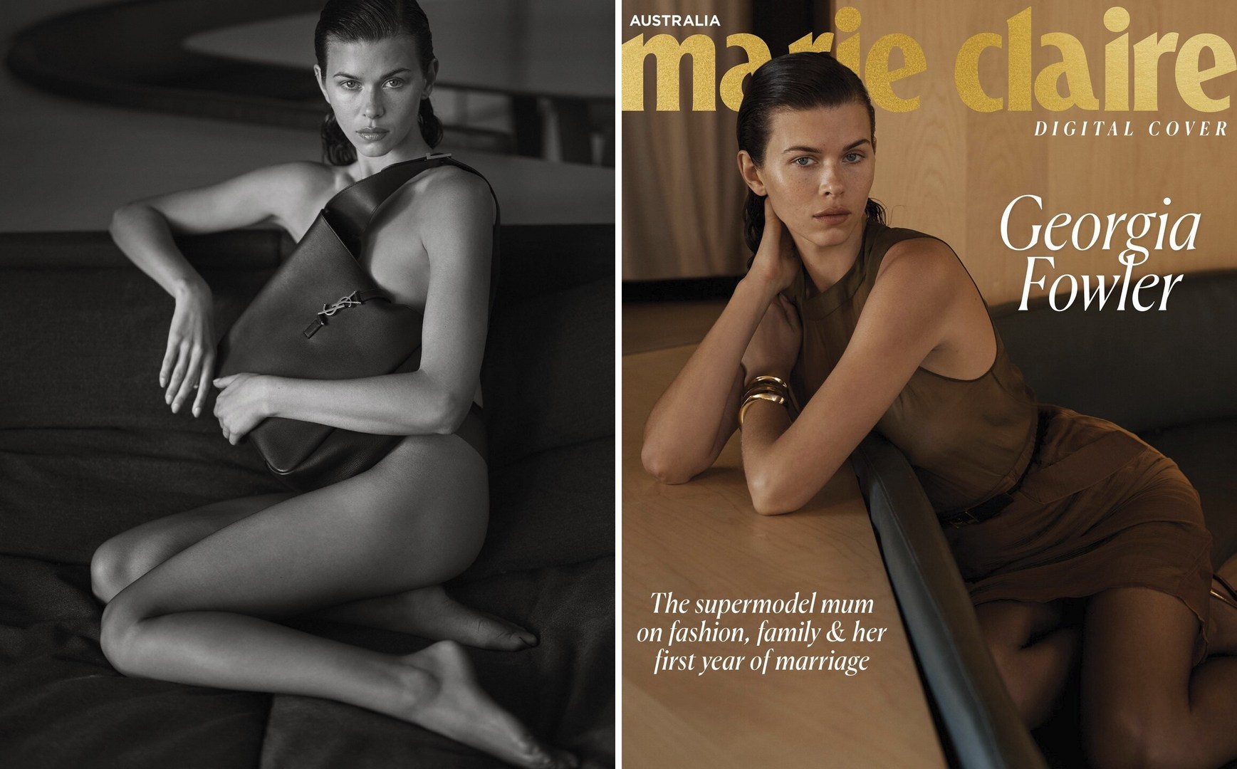 Marie Claire digital cover featuring Georgia Fowler in a split image of color and black and white posing with a purse and dress.