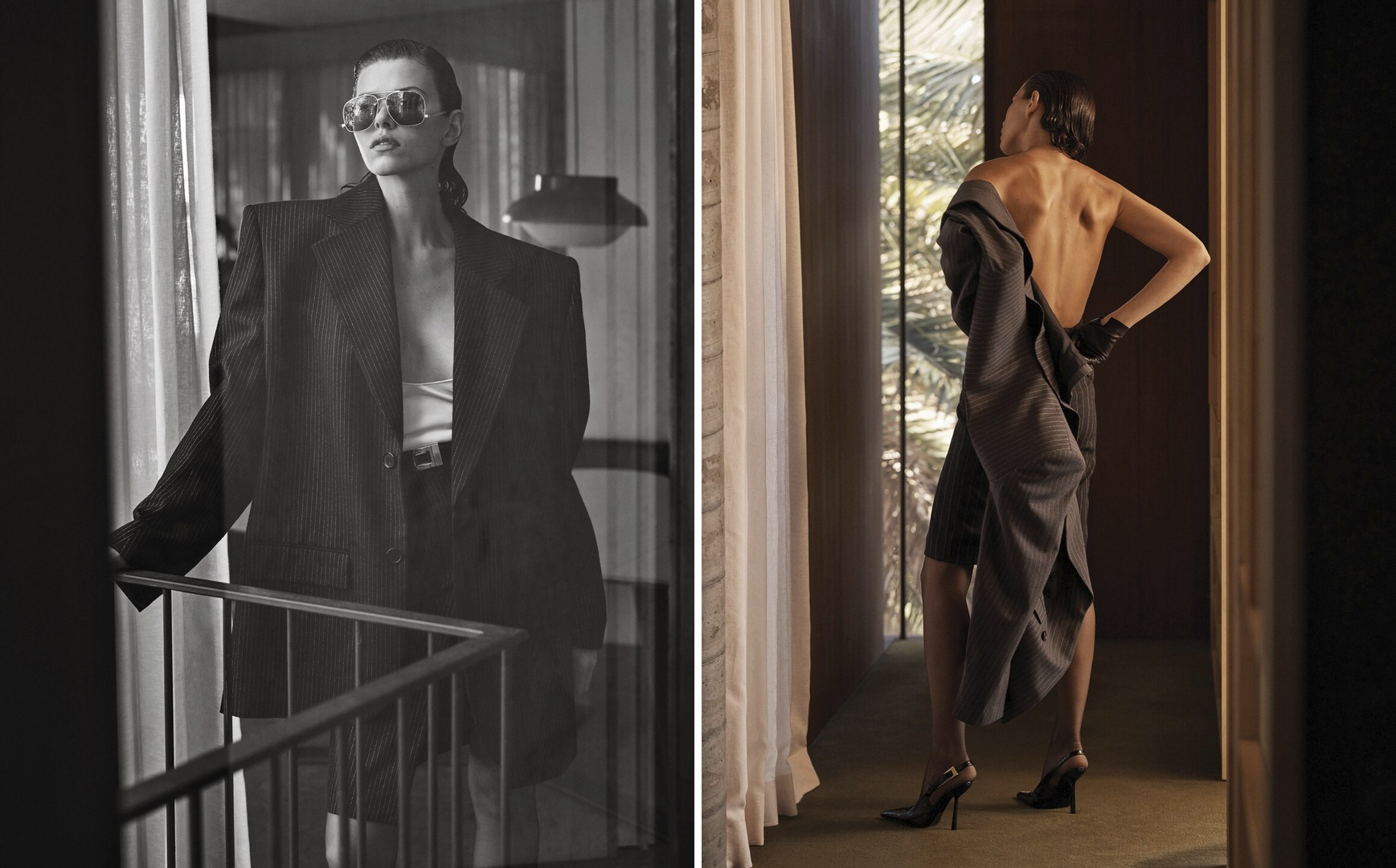 Black and white fashion shot of a woman in sunglasses and an oversized suit, juxtaposed with a sepia toned image of woman in heels.