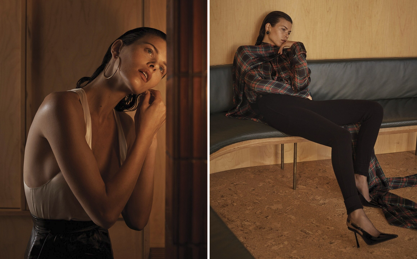 A split-screen fashion shot features a woman in a white top and black skirt on the left, and another woman in a plaid top on the right.