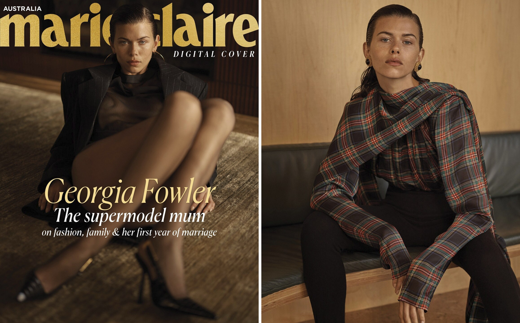 Marie Claire Australia digital cover featuring Georgia Fowler; two images of the model in different outfits and poses, fashion editorial.
