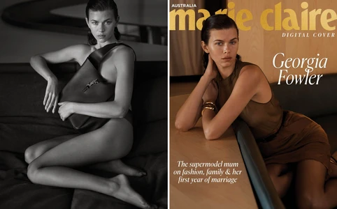 Model Georgia Fowler seated on a dark sofa holding a leather handbag for Marie Claire Australia digital cover editorial