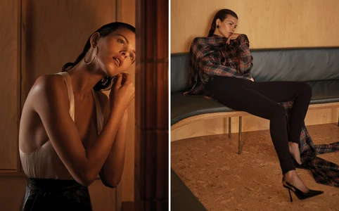 Georgia Fowler in Marie Claire Australia October 2023 wearing a plaid shirt and black trousers on a leather bench.