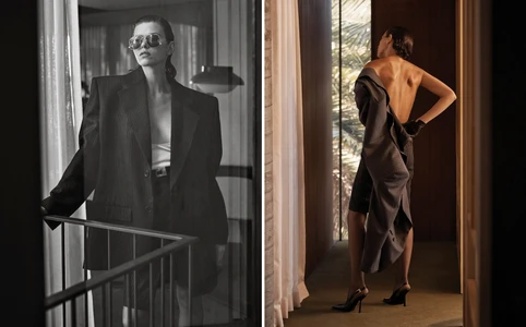 Georgia Fowler wearing a pinstripe blazer and sunglasses for Marie Claire Australia October 2023